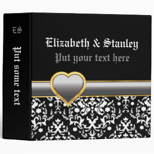 Black white damask, silver grey heart wedding binder