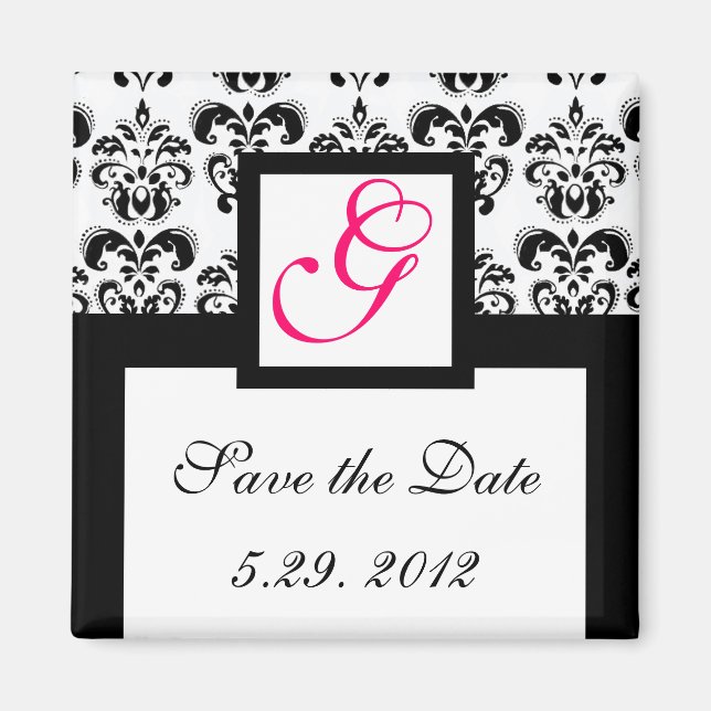 BLACK WHITE DAMASK SQUARE MONOGRAM Save the Date Magnet (Front)