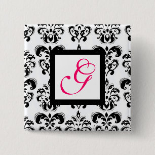 BLACK WHITE DAMASK SQUARE PINK FUCHSIA MONOGRAM 2 INCH SQUARE BUTTON