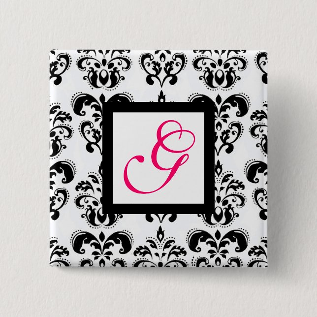 BLACK WHITE DAMASK SQUARE PINK FUCHSIA MONOGRAM 2 INCH SQUARE BUTTON (Front)
