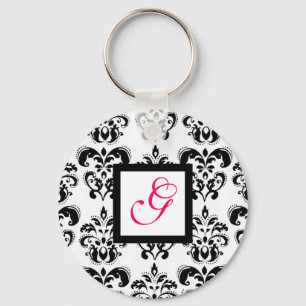 BLACK WHITE DAMASK SQUARE PINK FUCHSIA MONOGRAM KEYCHAIN
