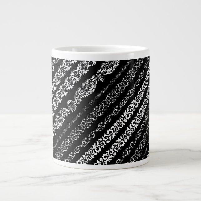 Black white damask stripes pattern large coffee mug (Front)