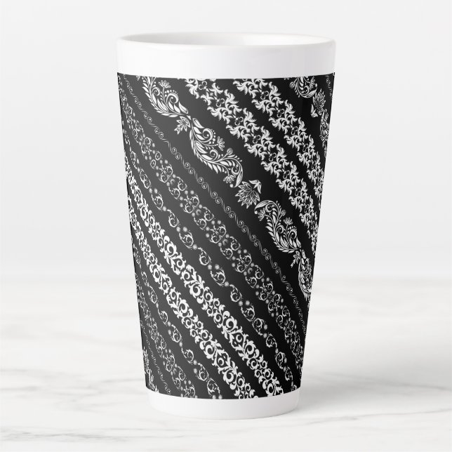 Black white damask stripes pattern latte mug (Front)