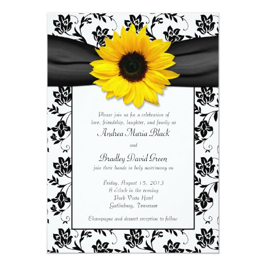 Black White Damask Sunflower Wedding Invitation