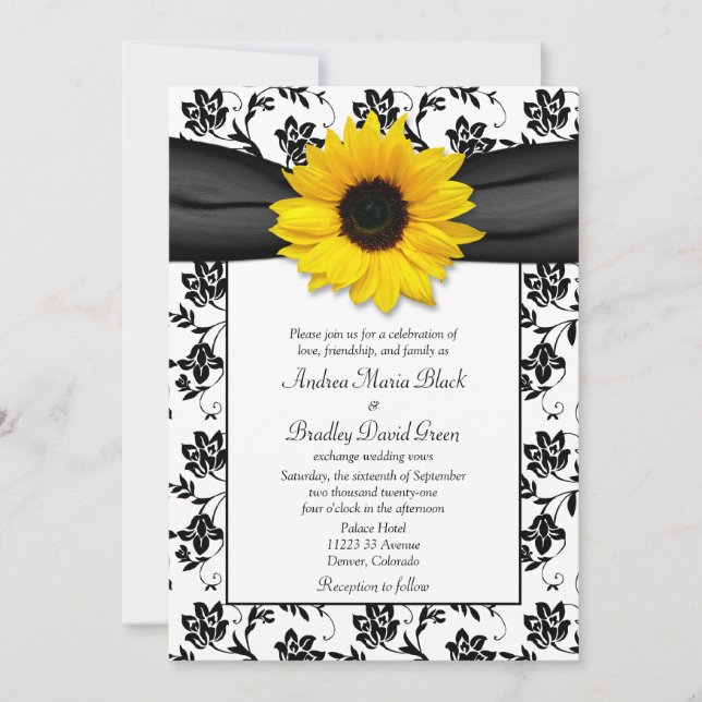 Black White Damask Sunflower Wedding Invitation (Front)