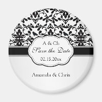 Black white Damask swirls, birds Save the Date Wed