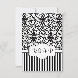 Black white Damask swirls, birds, stripes RSVP Card