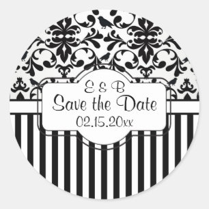 Black white Damask swirls, stripes Save the Date Classic Round Sticker