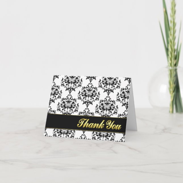Black & White Damask Thank You Note Card (Front)