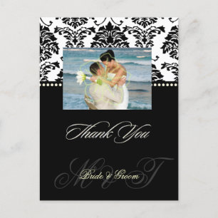 Black + White Damask Thank You Photo postcards, Postcard