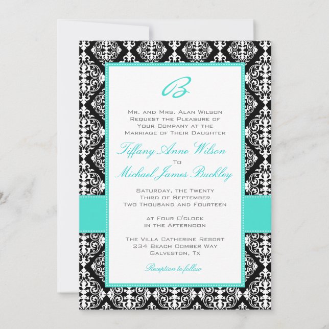 Black white damask turquoise wedding invitation (Front)