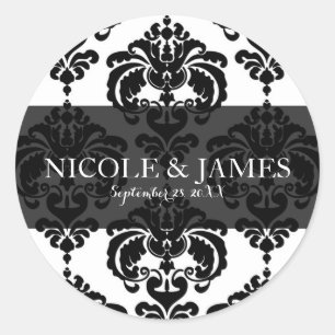 Black White Damask Vintage Wedding Event Favour Classic Round Sticker