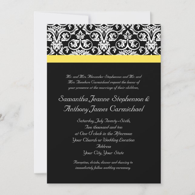 Black/White Damask w/Vibrant Yellow Invitation (Front)