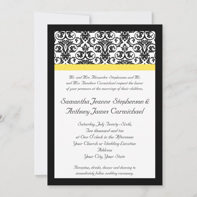 Black/White Damask w/Vibrant Yellow Invitation (Front)