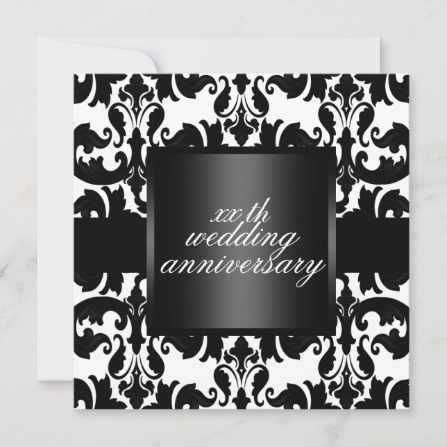 Black & White Damask Wedding Anniversary Invite (Front)
