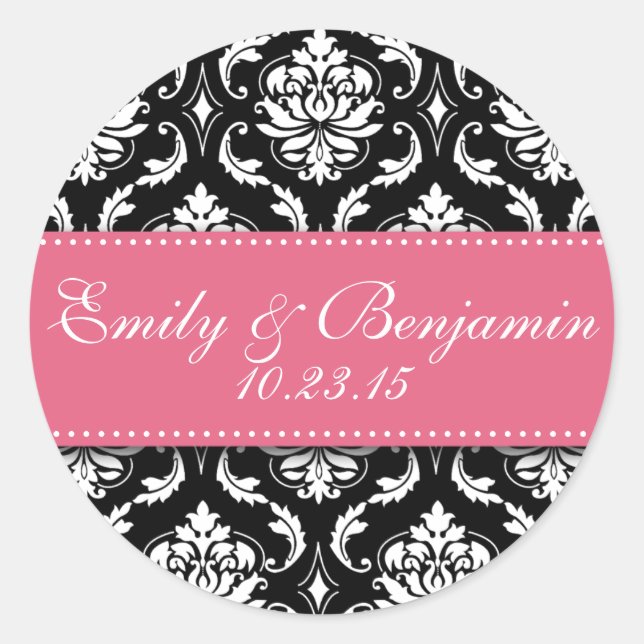 Black White Damask Wedding Favour Stickers Pink (Front)