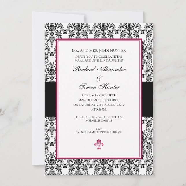 Black & White Damask Wedding Invitation (Front)