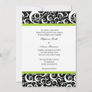 Black & White Damask Wedding Invitation with Green