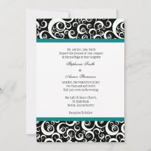 Black & White Damask Wedding Invitation with Teal