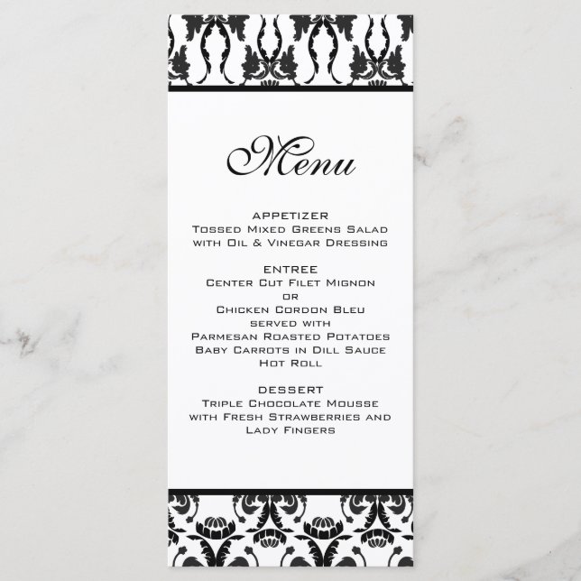 Black & White Damask Wedding Menu (Front)