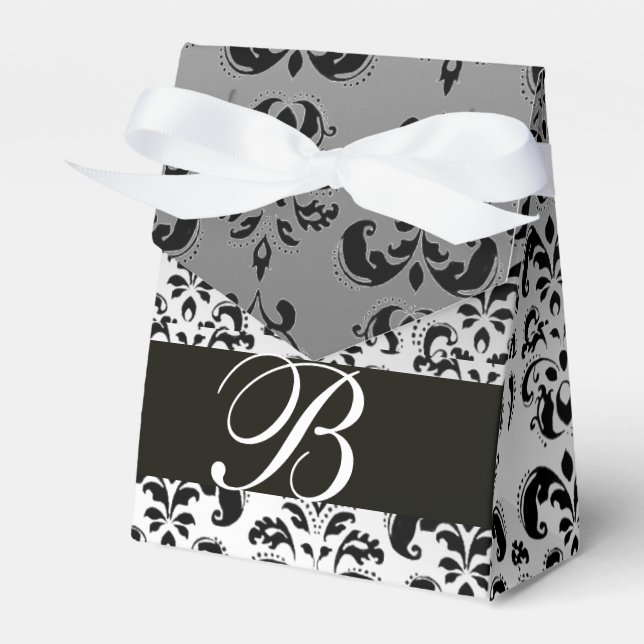 BLACK WHITE DAMASK WEDDING MONOGRAM Elegant  Favor Box (Front Side)