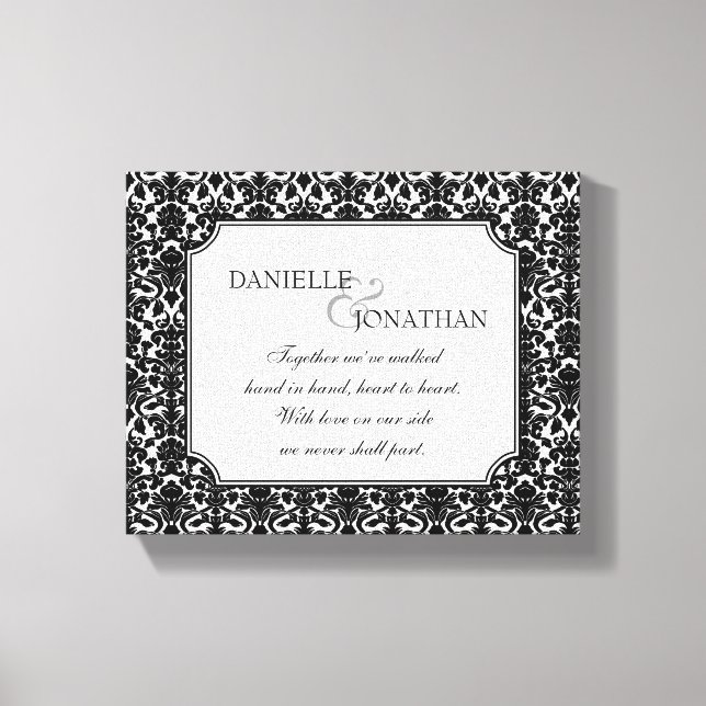 Black white damask wedding personalized canvas art (Front)