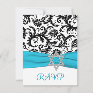Black, White Damask with Aqua FAUX Ribbon RSVP Card