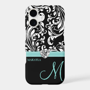 Black & White Damask with Diamond Heart & Monogram