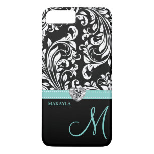 Black & White Damask with Diamond Heart & Monogram iPhone 8 Plus/7 Plus Case