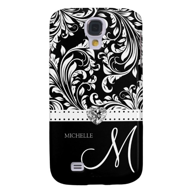 Black & White Damask with Diamond Heart & Monogram Case-Mate Samsung Galaxy Case (Back)