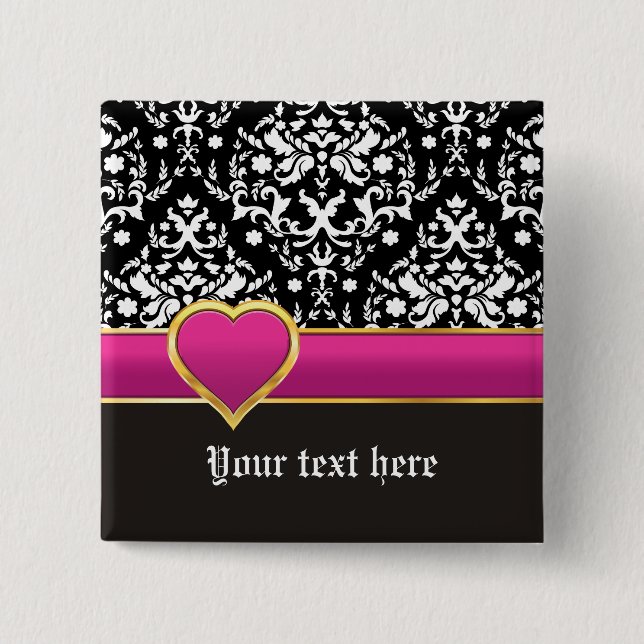 Black white damask with hot pink band and heart 2 inch square button (Front)