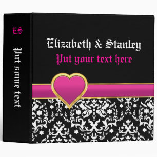 Black white damask with hot pink heart wedding binder