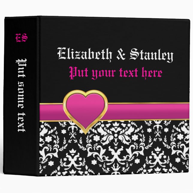 Black white damask with hot pink heart wedding binder (Front/Spine)