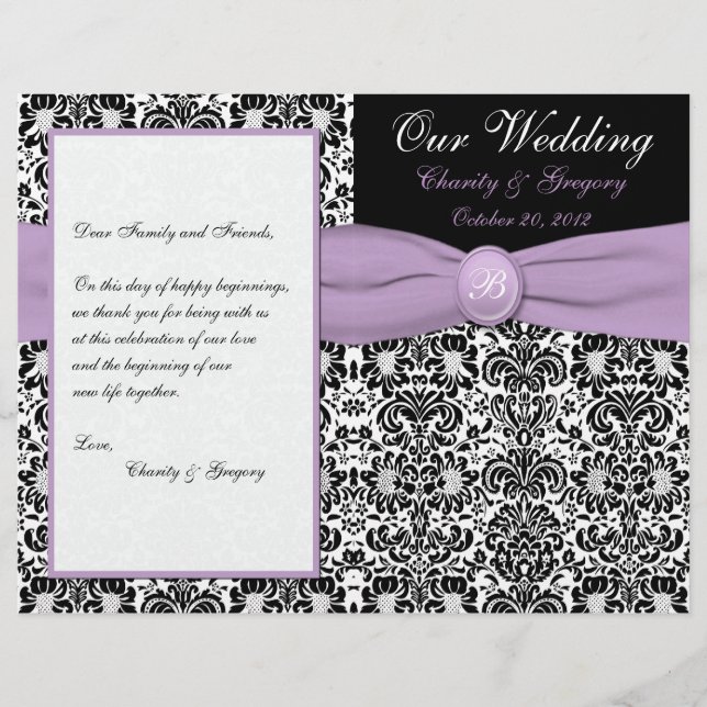 Black, White Damask with Lavender Wedding Program (Front)