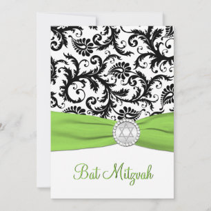 Black, White Damask with Lime PRINTED RIBBON Invitation