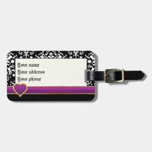 Black white damask with purple band and heart luggage tag