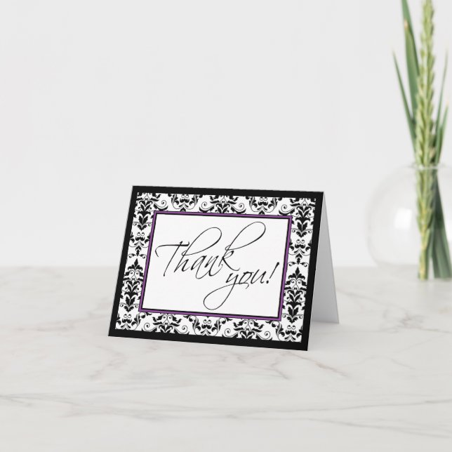 Black & White Damask with Purple Thank You Card (Front)