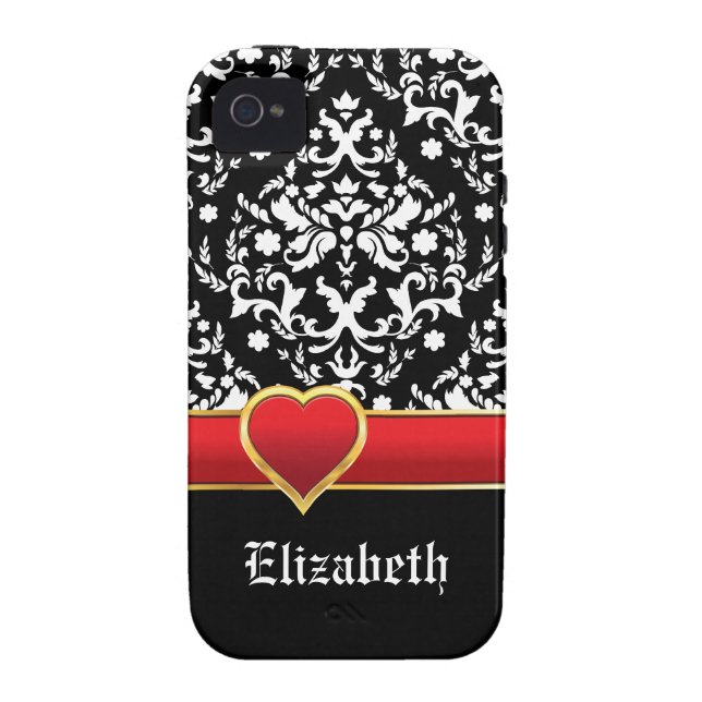 Black white damask with red band and heart Case-Mate iPhone case (Back)