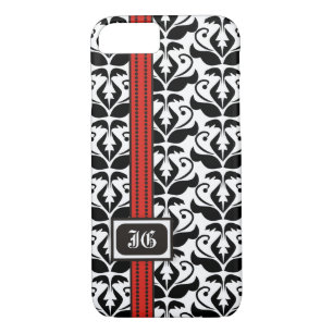 Black white damask with red band and monogram iPhone 8/7 case