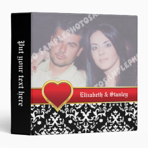 Black white damask with red band & heart wedding binder