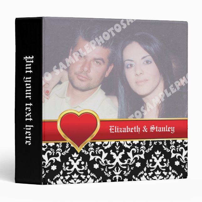 Black white damask with red band & heart wedding binder (Front/Spine)