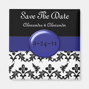 Black White Damask WIth Royal Blue Save The Date Magnet