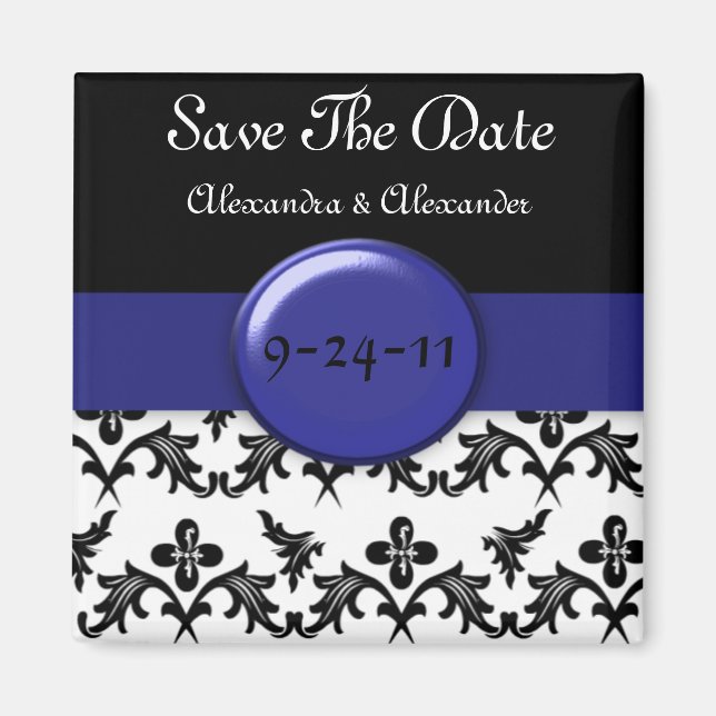 Black White Damask WIth Royal Blue Save The Date Magnet (Front)