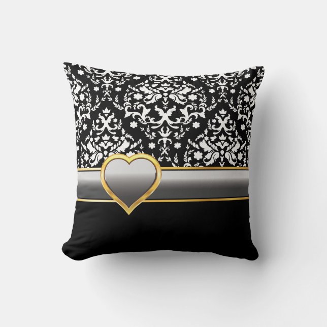 Black white damask with silver grey band and heart throw pillow (Front)