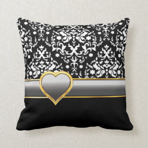 Black white damask with silver grey band and heart throw pillow