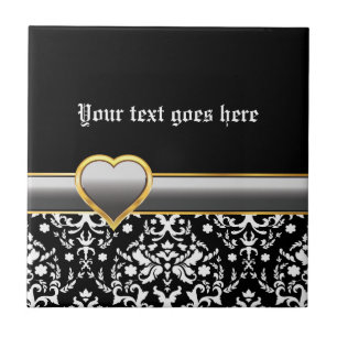 Black white damask with silver grey band and heart tile