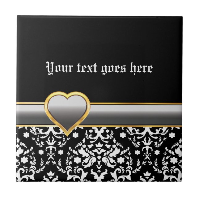 Black white damask with silver grey band and heart tile (Front)