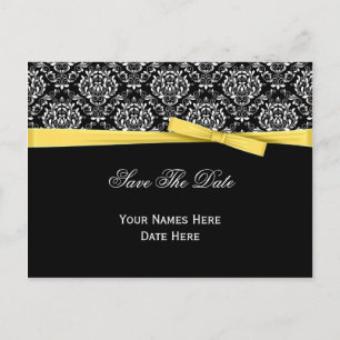 Black White Damask Yellow Bow Ribbon Save The Date Announcement Postcard