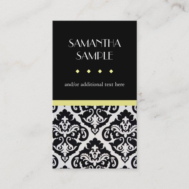 Black & White Damask, Yellow Business Card (Front)