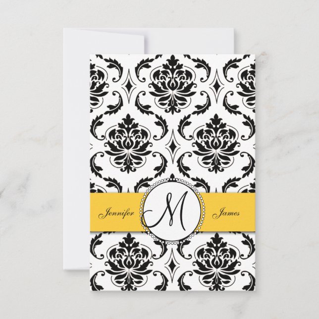 Black White Damask Yellow Wedding RSVP Card (Front)